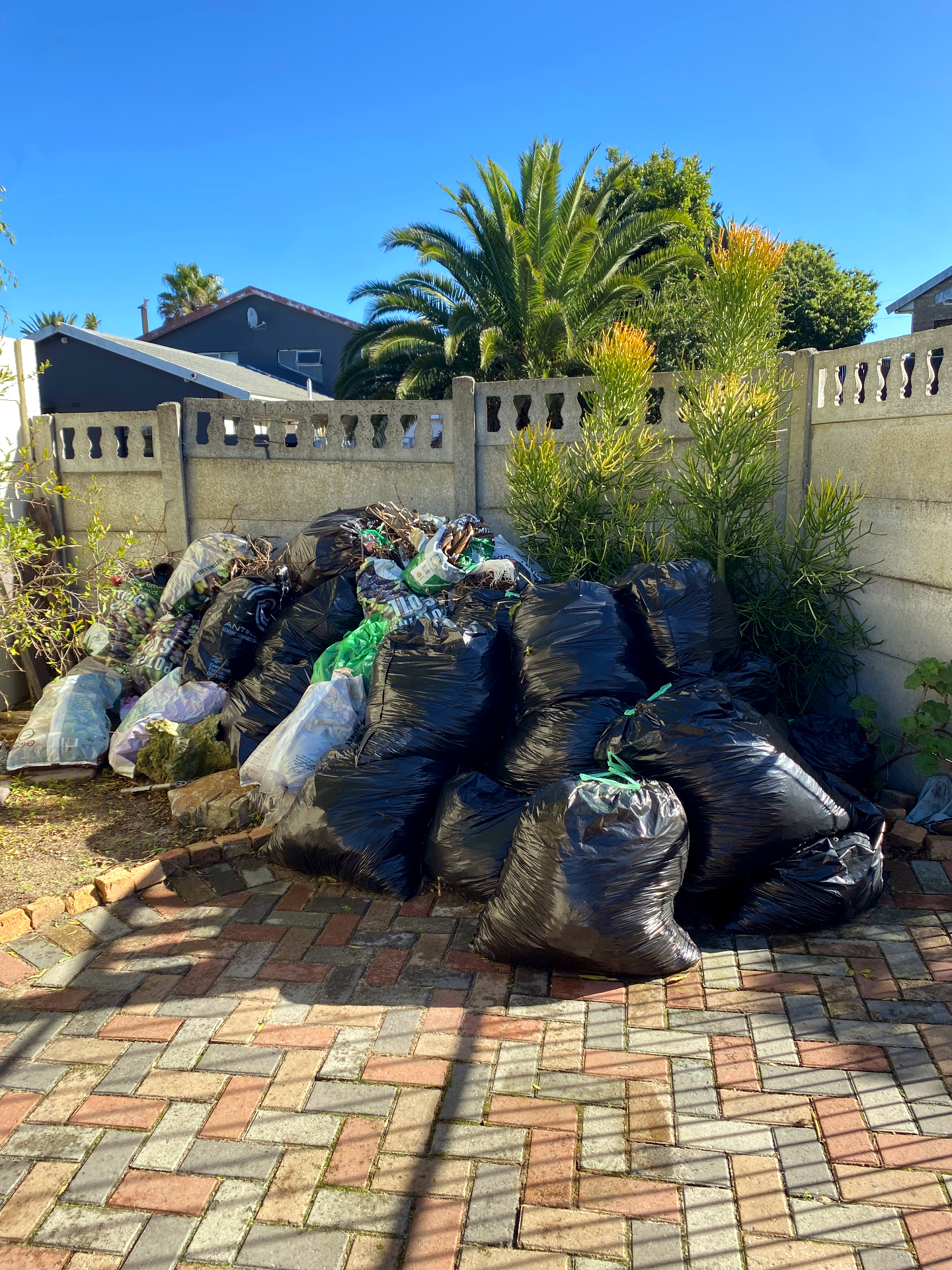 Large pile of rubbish bags in a yard before collection